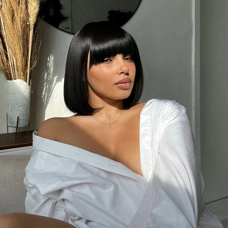 IBH Put On And Go Realistic Glueless Black Yaki Straight Bob With Bangs Minimalist Undetectable HD Lace Wig 100% Human Hair