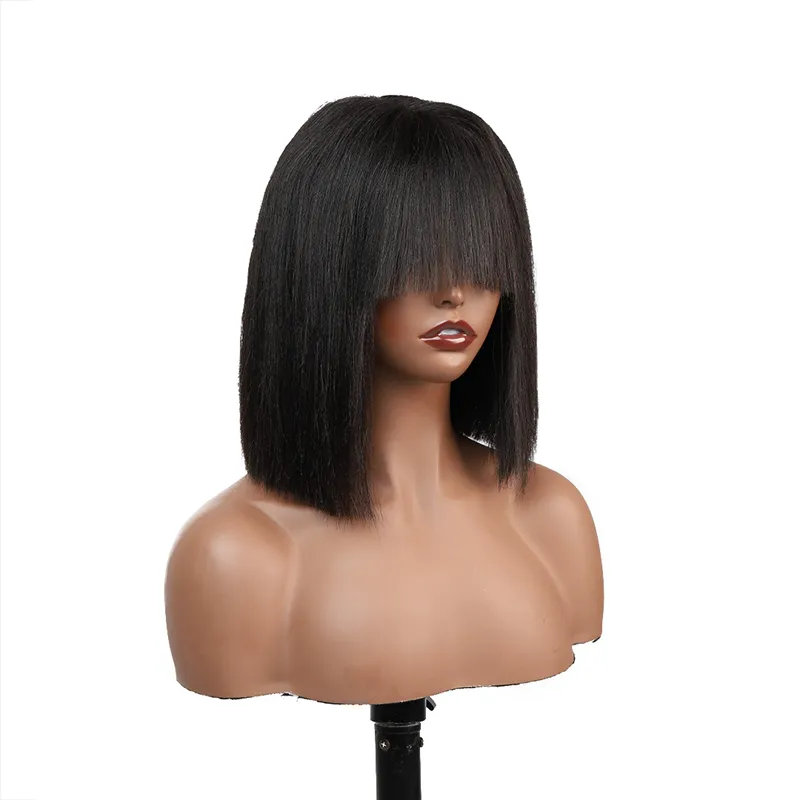 IBH Put On And Go Realistic Glueless Black Yaki Straight Bob With Bangs Minimalist Undetectable HD Lace Wig 100% Human Hair