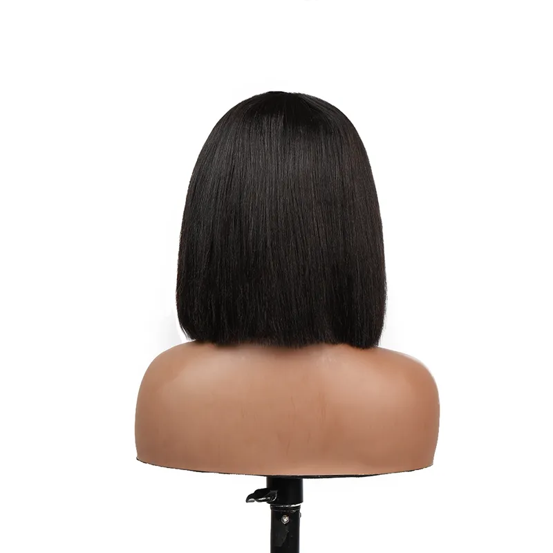 IBH Put On And Go Realistic Glueless Black Yaki Straight Bob With Bangs Minimalist Undetectable HD Lace Wig 100% Human Hair